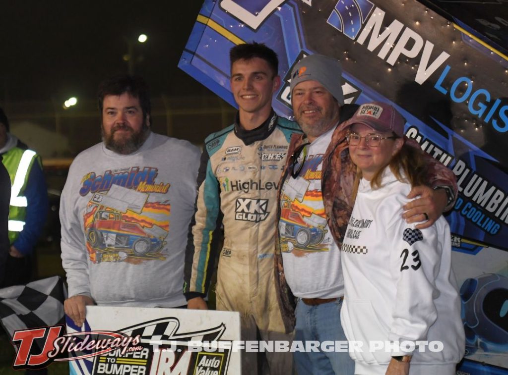 Will Armitage with his family in victory lane at the Plymouth Dirt Track. (T.J. Buffenbarger Photo)