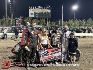 (L to R) Third place Jadon Rogers, winner R.J. Johnson, and second place J.J. Yeley after Sunday night's finale of the Louie Vermeil Classic. (Serena Dalhamer Photo)