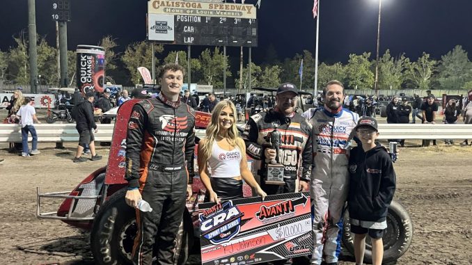 (L to R) Third place Jadon Rogers, winner R.J. Johnson, and second place J.J. Yeley after Sunday night's finale of the Louie Vermeil Classic. (Serena Dalhamer Photo)