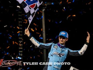 Buddy Kofoid after winning the World of Outlaws feature Monday night at Nodak Speedway. (Tyler Carr Photo)