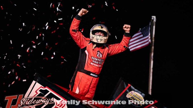 Sam Hafertepe Jr. celebrates his feature victory with the ASCS National Tour Friday at Gallatin Speedway. (Emily Schwanke Photo)
