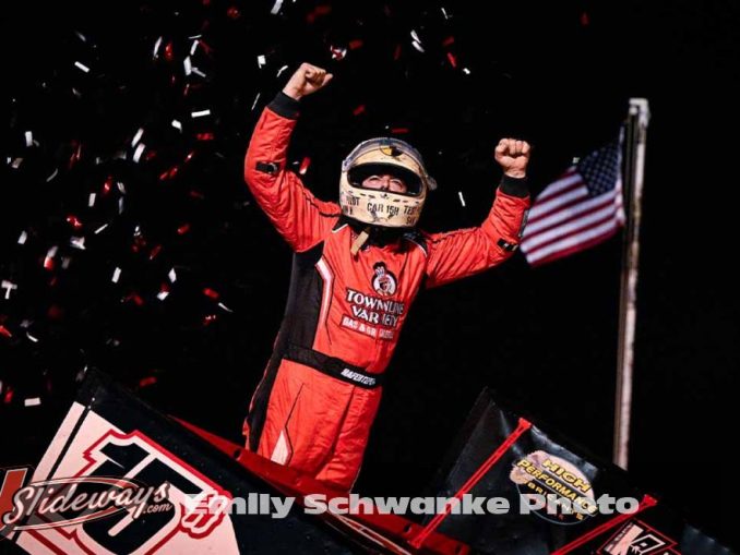 Sam Hafertepe Jr. celebrates his feature victory with the ASCS National Tour Friday at Gallatin Speedway. (Emily Schwanke Photo)