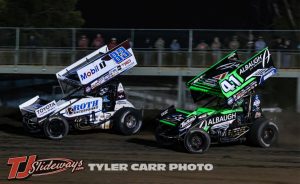 Buddy Kofoid (#83) racing for the lead with Carson Macedo (#41) Monday night at Nodak Speedway. (Tyler Carr Photo)