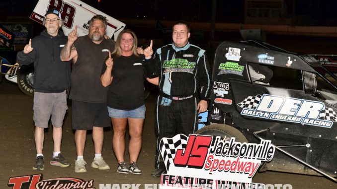 Daltyn England after winning the MARA Midget Car series feature Friday night at Jacksonville Speedway. (Mark Funderburk Photo)