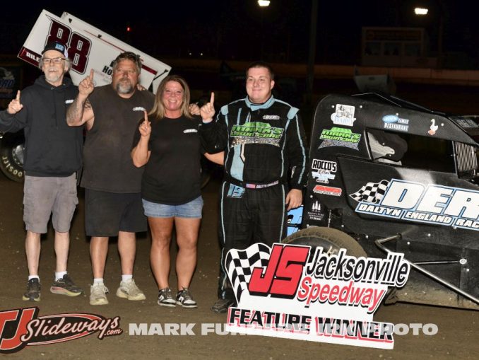 Daltyn England after winning the MARA Midget Car series feature Friday night at Jacksonville Speedway. (Mark Funderburk Photo)