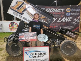 Colton Fisher after winning the Sprint Invaders feature at Quincy Raceways. (Image courtesy of the Sprint Invaders)