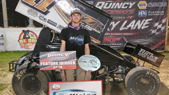 Colton Fisher after winning the Sprint Invaders feature at Quincy Raceways. (Image courtesy of the Sprint Invaders)