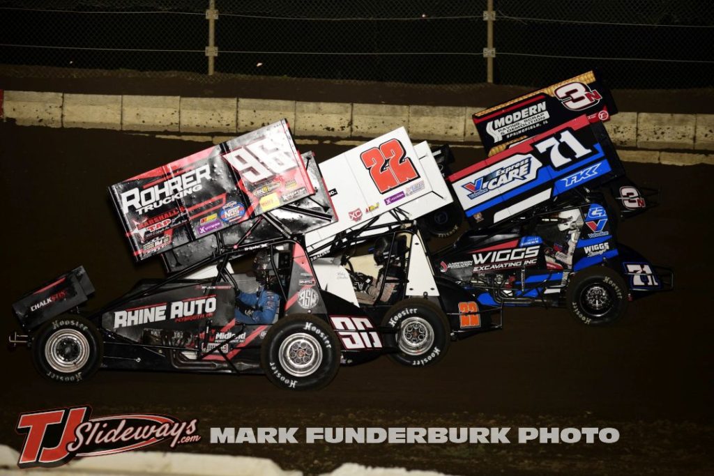 The parade lap from Friday's Midwest Open Wheel Association feature at Jacksonville Speedway with Jake Blackhurst (#96), Riley Goono (#22), Jaxton Wiggs (#71), and Jake Neuman (#3N). (Mark Funderburk Photo)