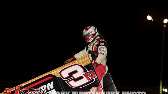 Jake Neuman after winning the Midwest Open Wheel Association feature Friday night at Jacksonville Speedway. (Mark Funderburk Photo)