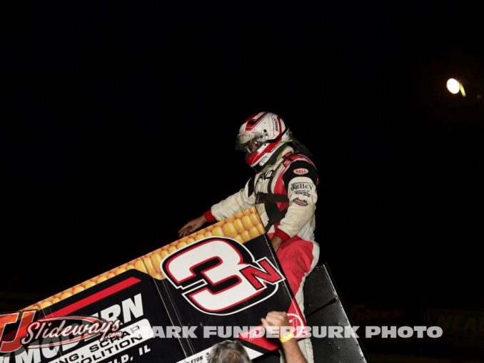 Jake Neuman after winning the Midwest Open Wheel Association feature Friday night at Jacksonville Speedway. (Mark Funderburk Photo)