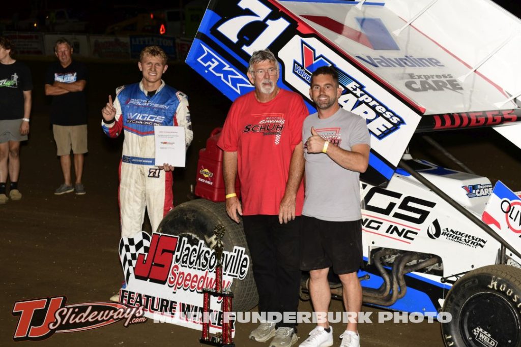 Jaxton Wiggs after winning the 305 sprint car feature Friday night at Jacksonville Speedway. (Mark Funderburk Photo)