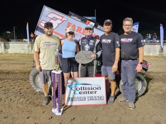 Sawyer Phillips with his crew after winning the Sprint Invaders feature event at West Liberty Speedway. (Image courtesy of Sprint Invaders Association)