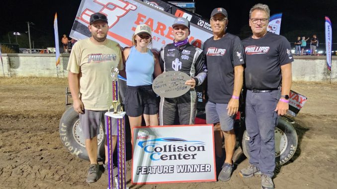 Sawyer Phillips with his crew after winning the Sprint Invaders feature event at West Liberty Speedway. (Image courtesy of Sprint Invaders Association)