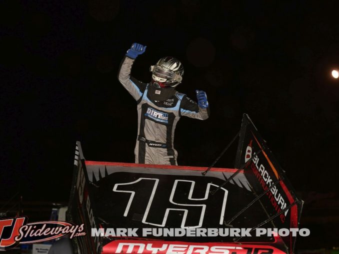 Joel Myers Jr. celebrates after winning the Midwest Open Wheel Association portion of the Ron Milton Race of Champions Friday at Jacksonville Speedway. (Mark Funderburk Photo)